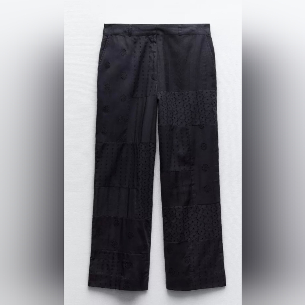 Zara Embroidered Eyelet Straight Leg Cropped Women's Pants Navy Sz M NWT